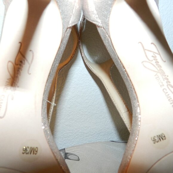 Imagine Vince Camuto Phoebe T-Strap Rose Gold Shimmer Satin Heels Size 6 - Picture 14 of 16